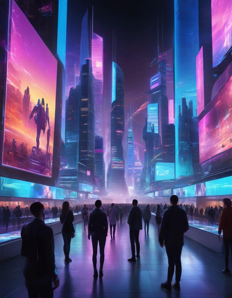 A futuristic city skyline with large holographic screens displaying video content, surrounded by a diverse group of people sharing and accessing media on advanced devices. The atmosphere is vibrant and energetic, symbolizing the evolution of media sharing. The backdrop features dynamic streaming visuals and bright neon lights to highlight innovation. cyberpunk. vibrant colors. 3D.
