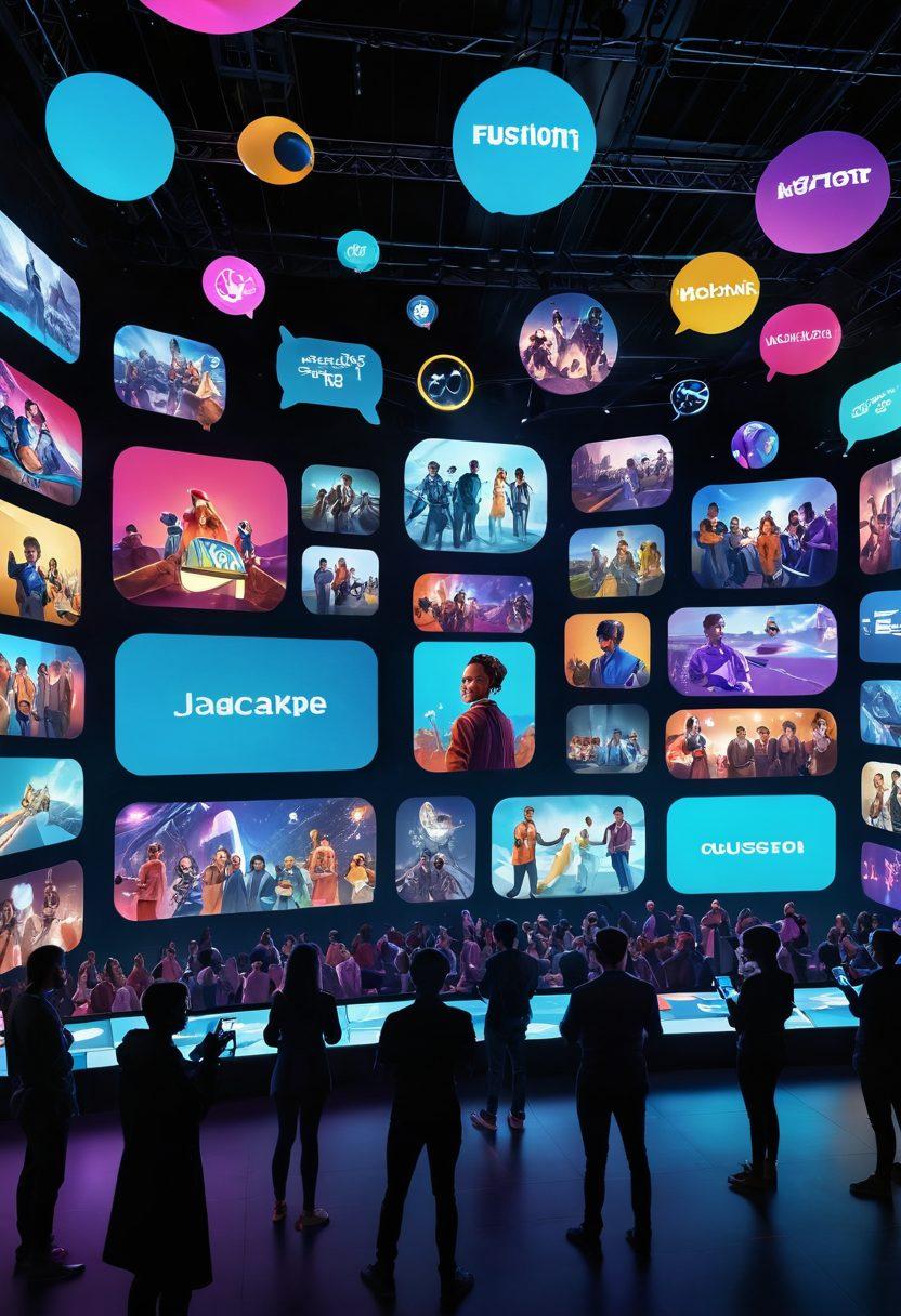 A vibrant digital landscape featuring diverse groups of people interacting through screens, showcasing various streaming clips and live events. Include elements like animated chat bubbles and virtual avatars to represent community engagement. Show a blend of futuristic technology and traditional entertainment motifs, reflecting the fusion of past and future. The scene should convey excitement and connectivity in the realm of interactive entertainment. super-realistic. vibrant colors.